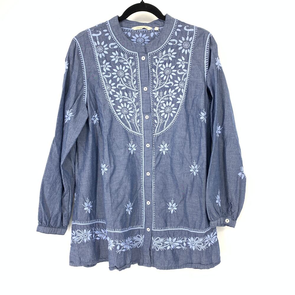 Soft Surroundings Button Front Long Sleeve Blouse Womens L Chambray Embroidered